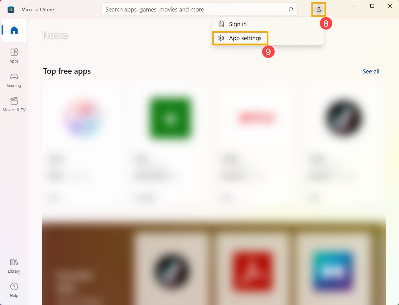 Truy cập cài đặt ứng dụng trên Microsoft Store Windows 11
