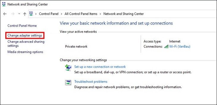 Truy cập Change adapter settings để kiểm soát kết nối wifi laptop