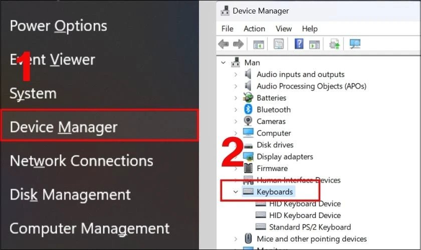 Truy cập Device Manager và chọn Keyboard