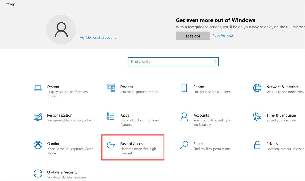 Truy cập Ease of Access để sửa lỗi bàn phím bị khóa chức năng