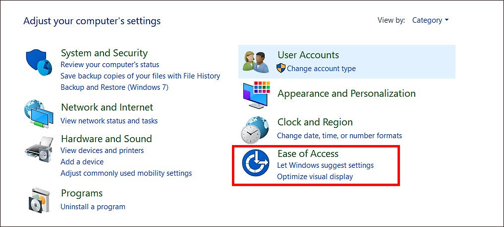 Truy cập Ease of Access trong Control Panel để mở bàn phím ảo