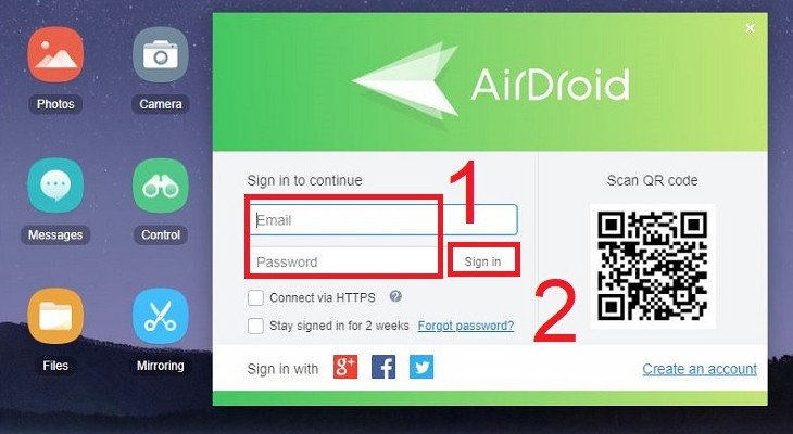 truy cập giao diện AirDroid trên trình duyệt laptop