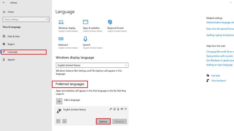 Truy cập Language Options để quản lý và thay đổi các tùy chọn bàn phím