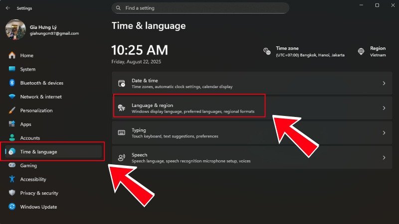Truy cập Language &amp; Region để thay đổi định dạng giờ trên Dell