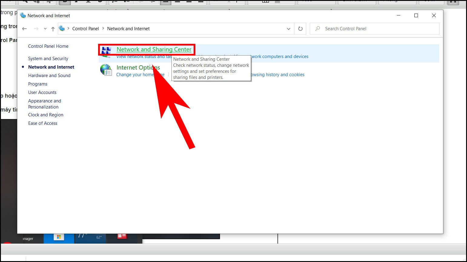 Truy cập Network and Sharing Center để quản lý mạng