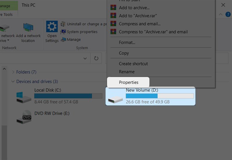 Truy cập Properties để kiểm tra dung lượng ổ cứng laptop Windows