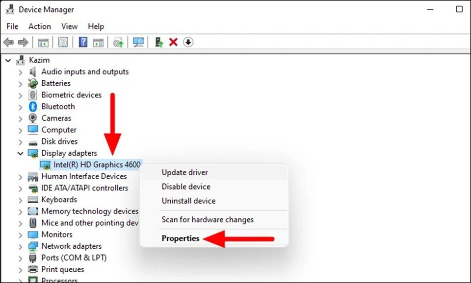 Truy cập Properties để kiểm tra phiên bản driver đồ họa hiện tại