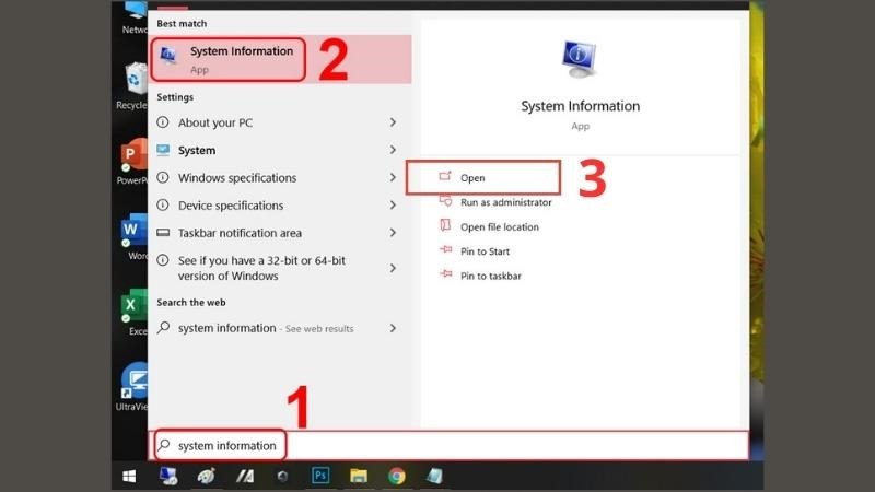 Truy cập System Information qua menu Start để xem thông tin laptop