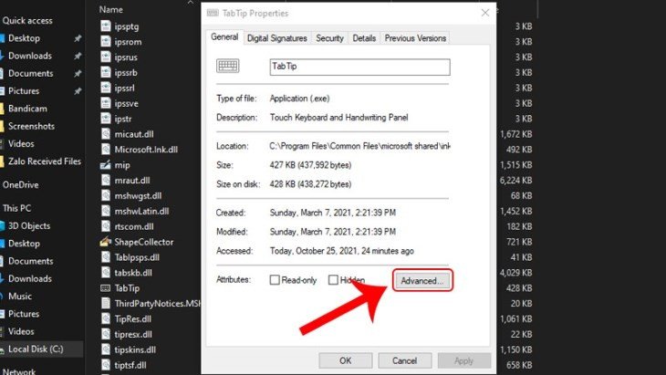 Truy cập tab Advanced trong TabTib Properties