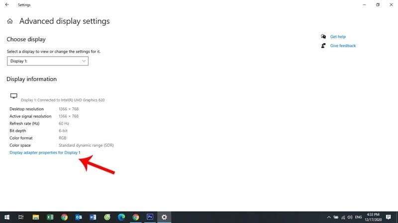 Truy cập thuộc tính bộ điều hợp hiển thị để tìm tùy chọn tăng Hz cho laptop