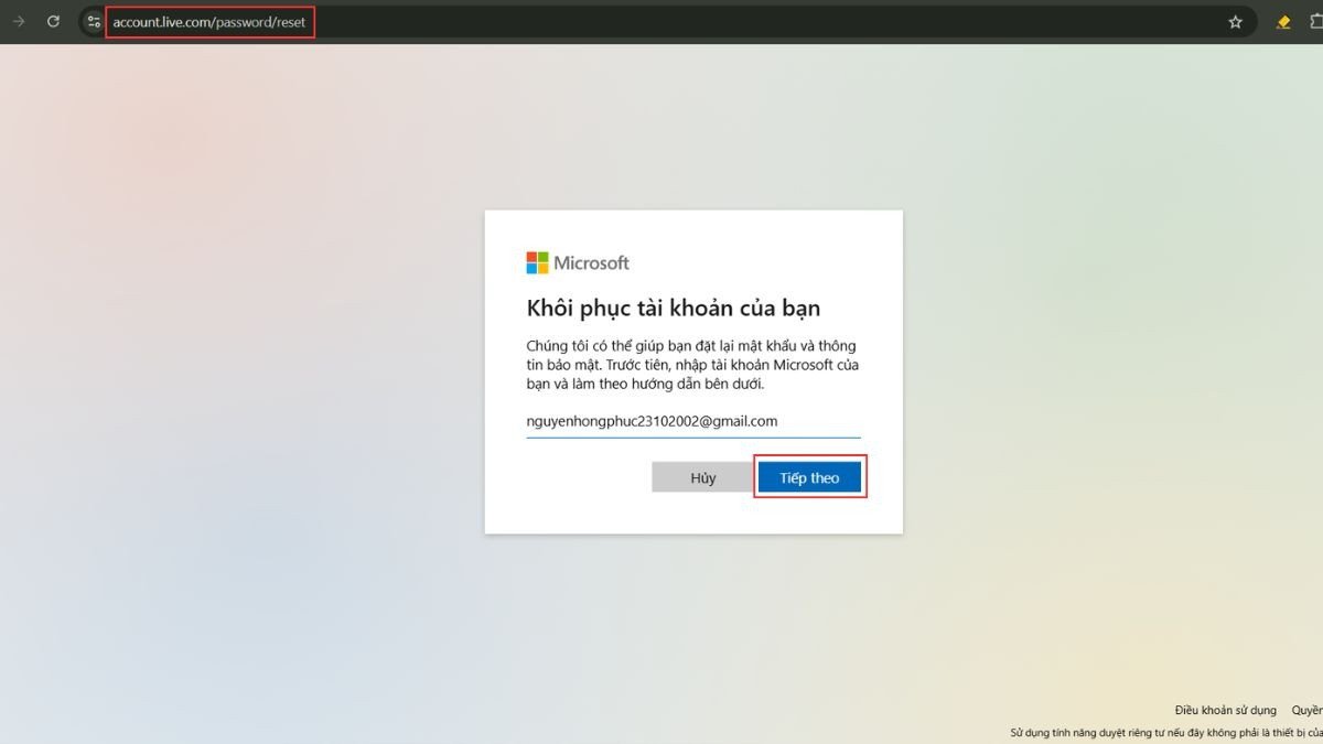 Truy cập trang web đặt lại mật khẩu của Microsoft.