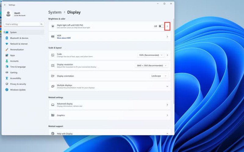 Truy cập tùy chỉnh cường độ và lịch bật Night Light