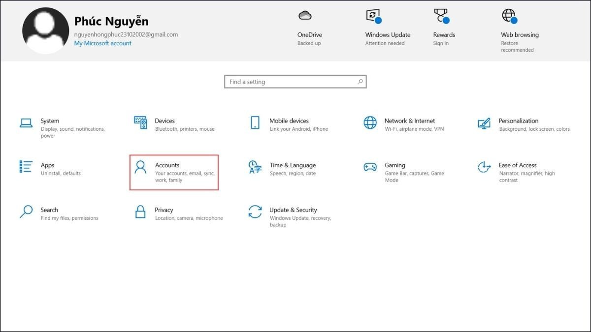 Truy cập vào Settings (Cài đặt) bằng cách nhấn tổ hợp phím Windows + I rồi chọn mục Accounts.