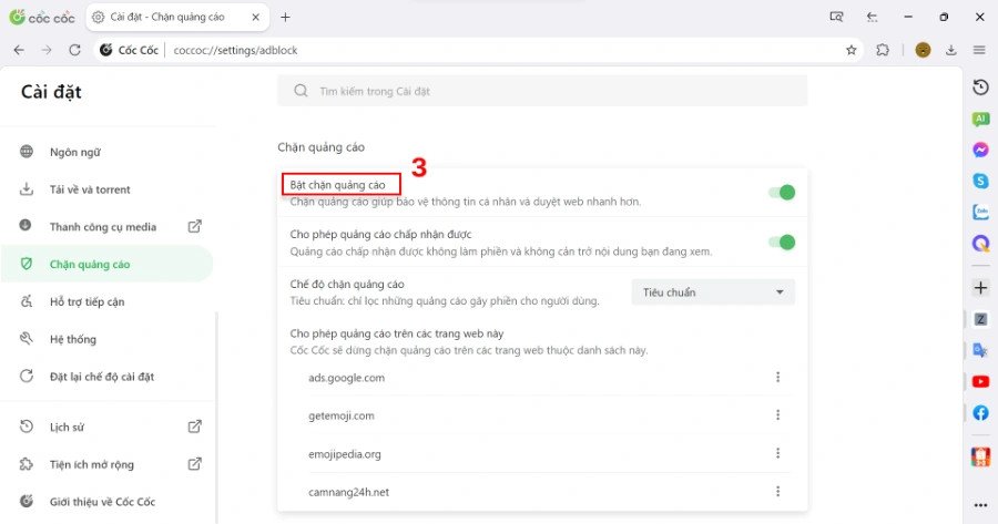 Tùy chỉnh chế độ chặn quảng cáo Cốc Cốc để nghe nhạc không quảng cáo trên laptop