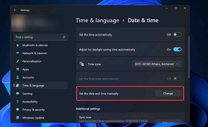 Tùy chỉnh ngày và giờ thủ công để sửa lỗi chụp ảnh màn hình trên laptop Win 11