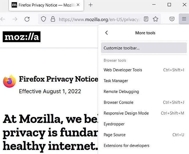 Tùy chỉnh thanh công cụ Firefox để thêm biểu tượng chụp ảnh màn hình dài
