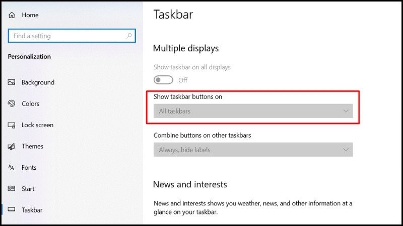 Tùy chỉnh vị trí hiển thị thanh Taskbar trên màn hình chính hoặc màn hình phụ