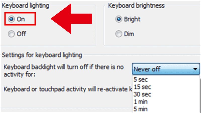 Tùy chọn bật hoặc tắt đèn nền bàn phím Lenovo trong cài đặt Keyboard Backlighting