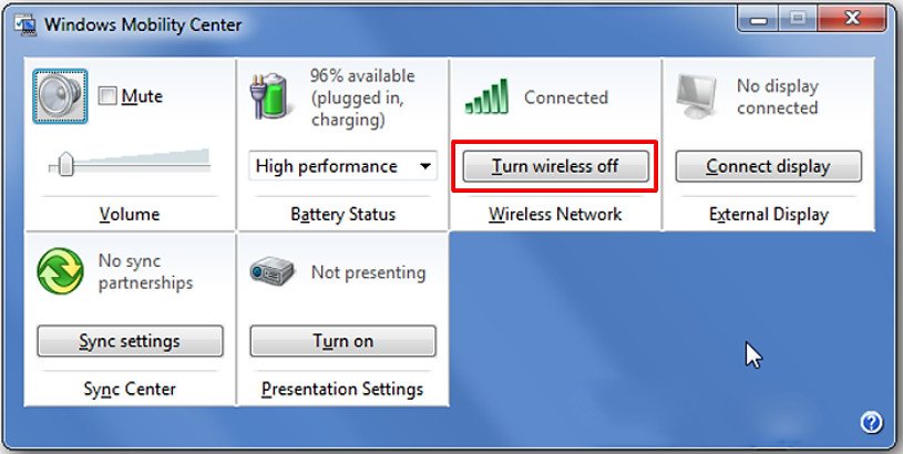 Tùy chọn bật tắt Wireless trong Windows Mobility Center trên Windows 7
