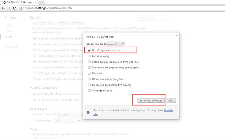 Tùy chọn các loại dữ liệu duyệt web có thể xóa trên laptop, bao gồm lịch sử, cookie và bộ nhớ đệm.