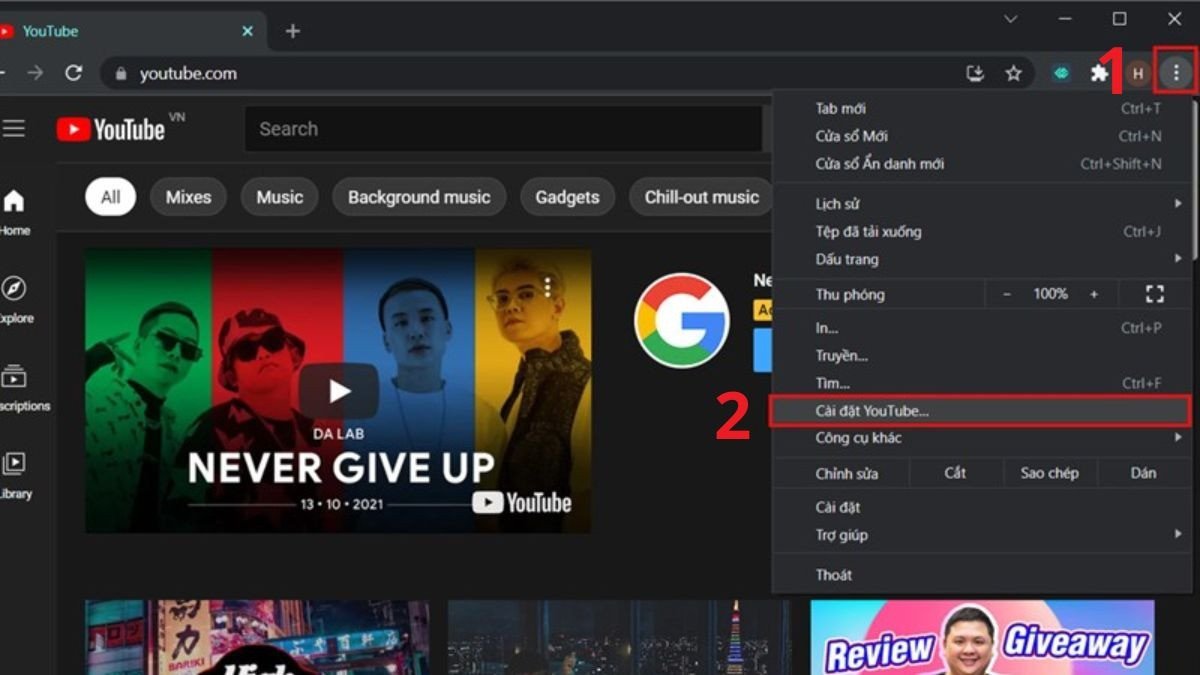 Tùy chọn "Cài đặt YouTube" trong menu ba chấm của trình duyệt Chrome để cài đặt ứng dụng