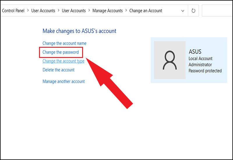 Tùy chọn "Change the password" để tiến hành thay đổi mật khẩu cho tài khoản người dùng