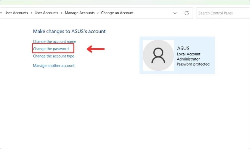 Tùy chọn Change the password để tiến hành thay đổi mật khẩu Win 11