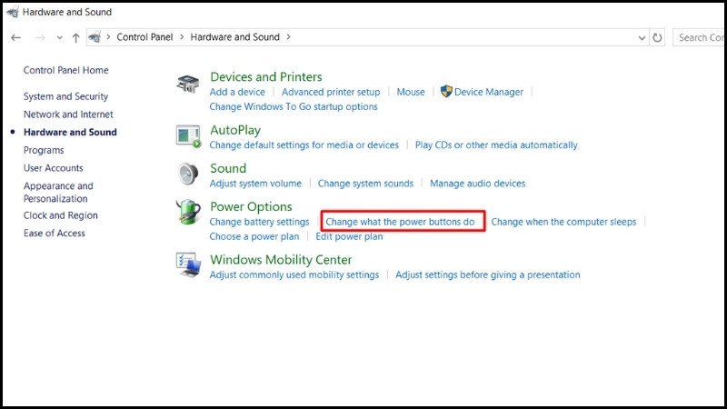 Tùy chọn Change what the power buttons do để điều chỉnh hành vi của laptop khi gập màn hình