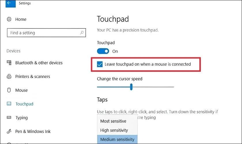 Tùy chọn cho phép chuột cảm ứng (touchpad) tiếp tục hoạt động khi chuột ngoài được kết nối trên Windows.