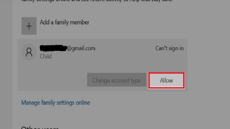 Tùy chọn cho phép quản lý tài khoản thành viên trong Family &amp; other users.