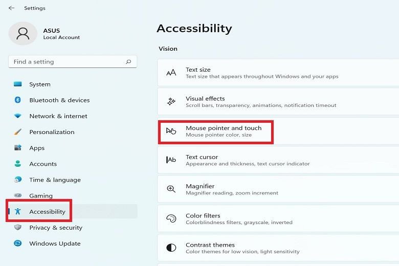 Tùy chọn con trỏ chuột và cảm ứng trong cài đặt Windows