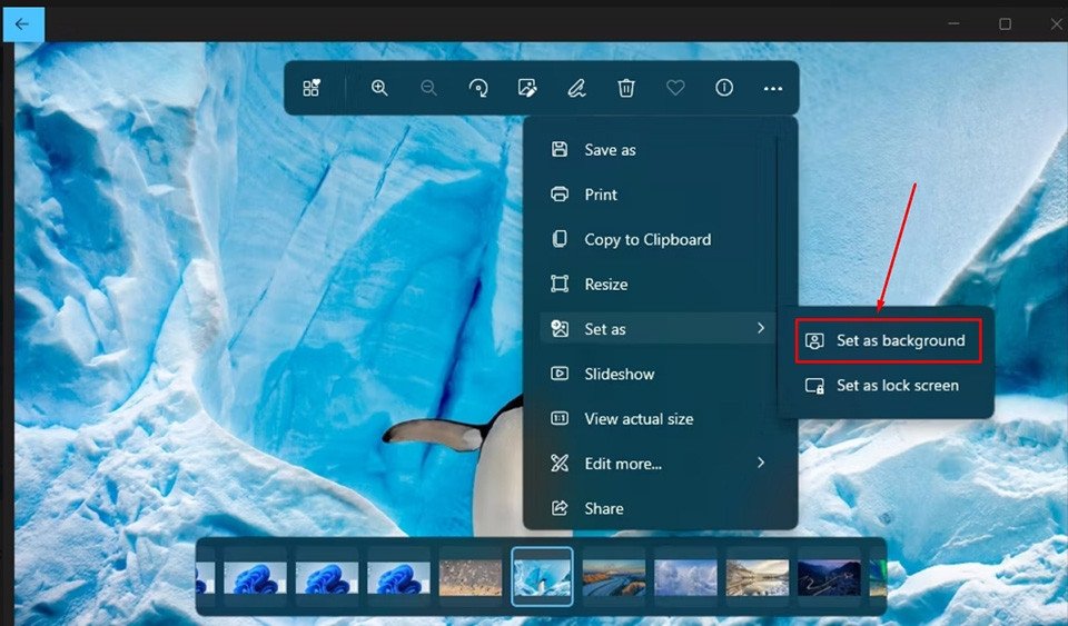Tùy chọn đặt ảnh làm hình nền máy tính Win 11 trong ứng dụng Photos.