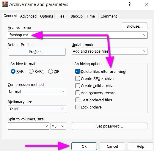 Tùy chọn Delete files after archiving trong WinRAR giúp xóa thư mục