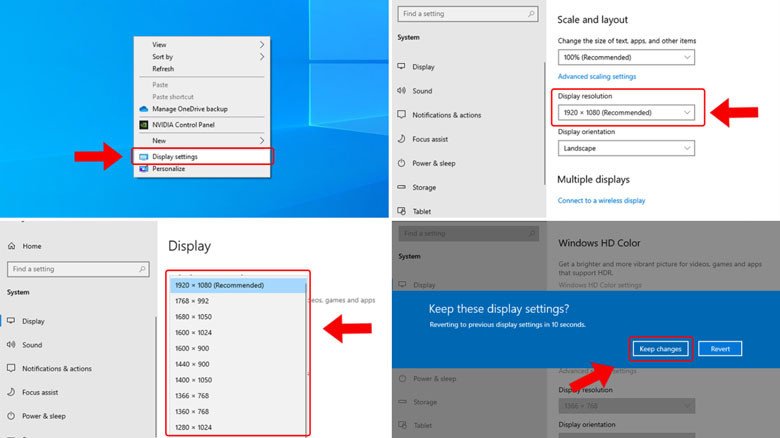 Tùy chọn điều chỉnh độ phân giải màn hình laptop trong cài đặt hiển thị của hệ điều hành