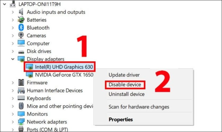 Tùy chọn Disable device cho card đồ họa Asus