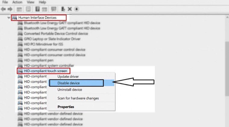 Tùy chọn Disable device cho màn hình cảm ứng