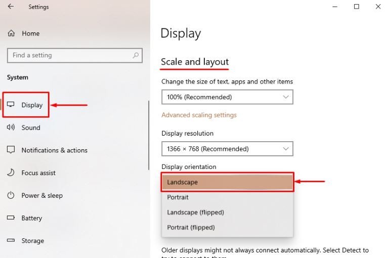 Tùy chọn Display orientation trong Settings giúp sửa lỗi laptop bị ngược màn hình