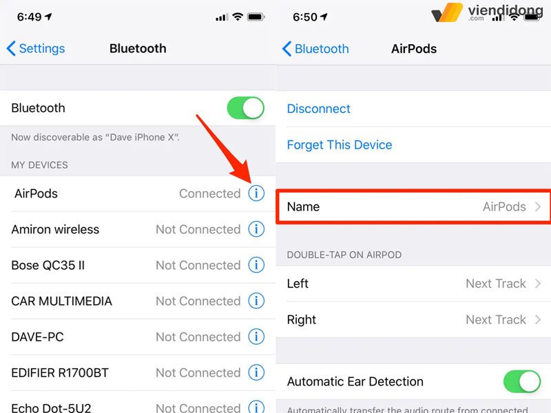 Tùy chọn đổi tên tai nghe Bluetooth trong cài đặt iPhone