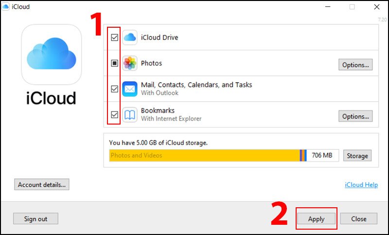 Tùy chọn đồng bộ hóa iCloud trên máy tính Windows