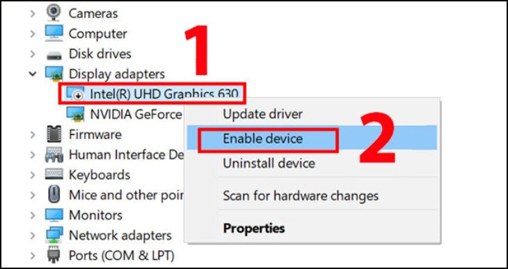 Tùy chọn Enable device trong Device Manager, để kích hoạt lại card đồ họa sau khi kiểm tra