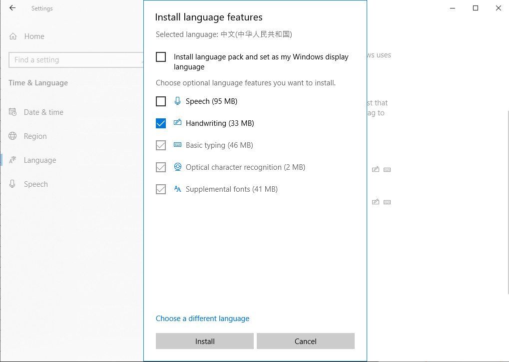 Tùy chọn Handwriting và nút Install trong quá trình cài đặt bàn phím Pinyin trên Windows