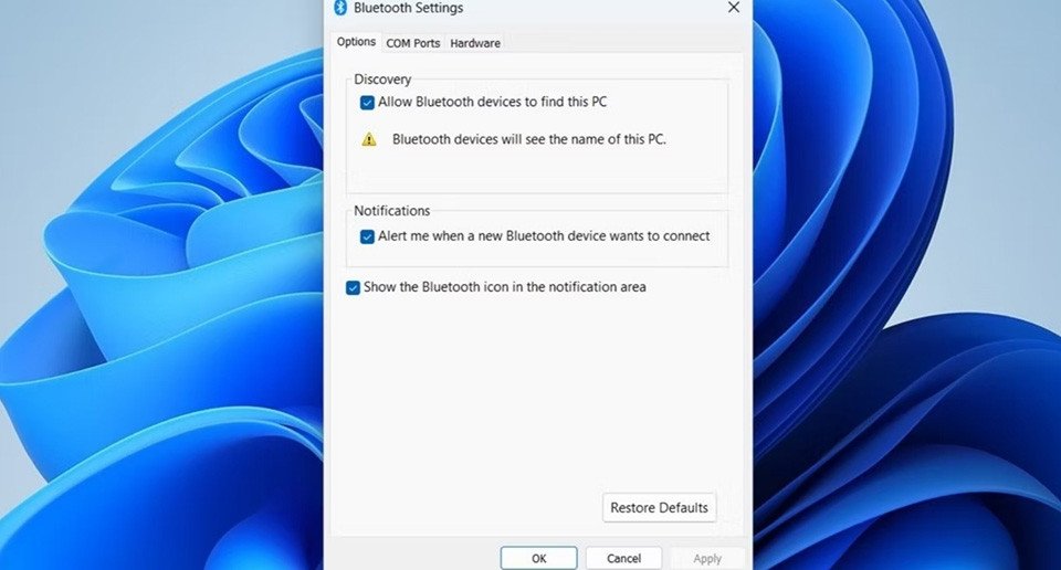 Tùy chọn hiển thị biểu tượng Bluetooth trên Windows 11