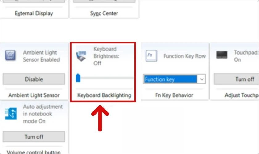 Tùy chọn 'Keyboard Backlighting' trong Windows Mobility Center, cho phép điều chỉnh độ sáng đèn bàn phím.