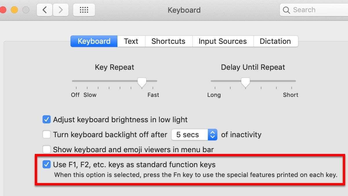 Tùy chọn Keyboard trong System Preferences của MacBook để điều chỉnh phím Fn và cách bấm F3 trên laptop