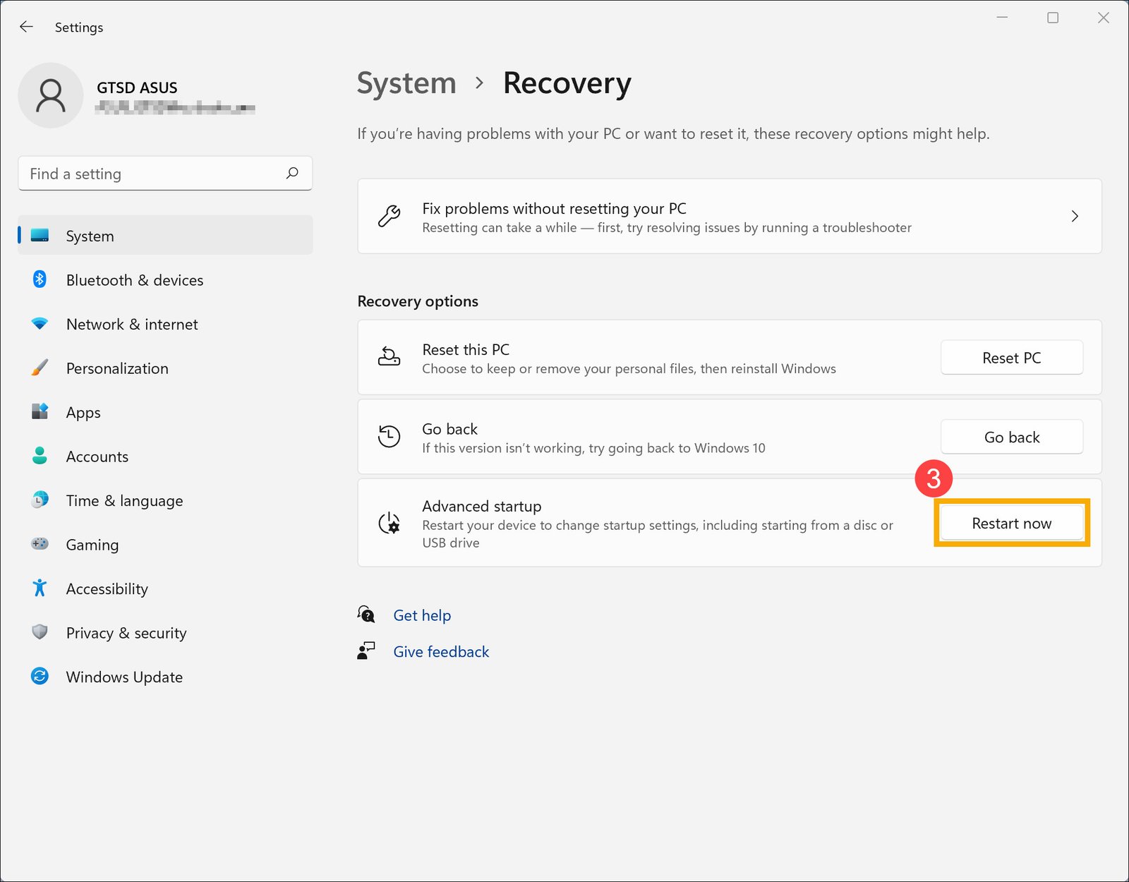 Tùy chọn khởi động lại ngay từ màn hình khởi động nâng cao Windows 11 để truy cập BIOS Vivobook