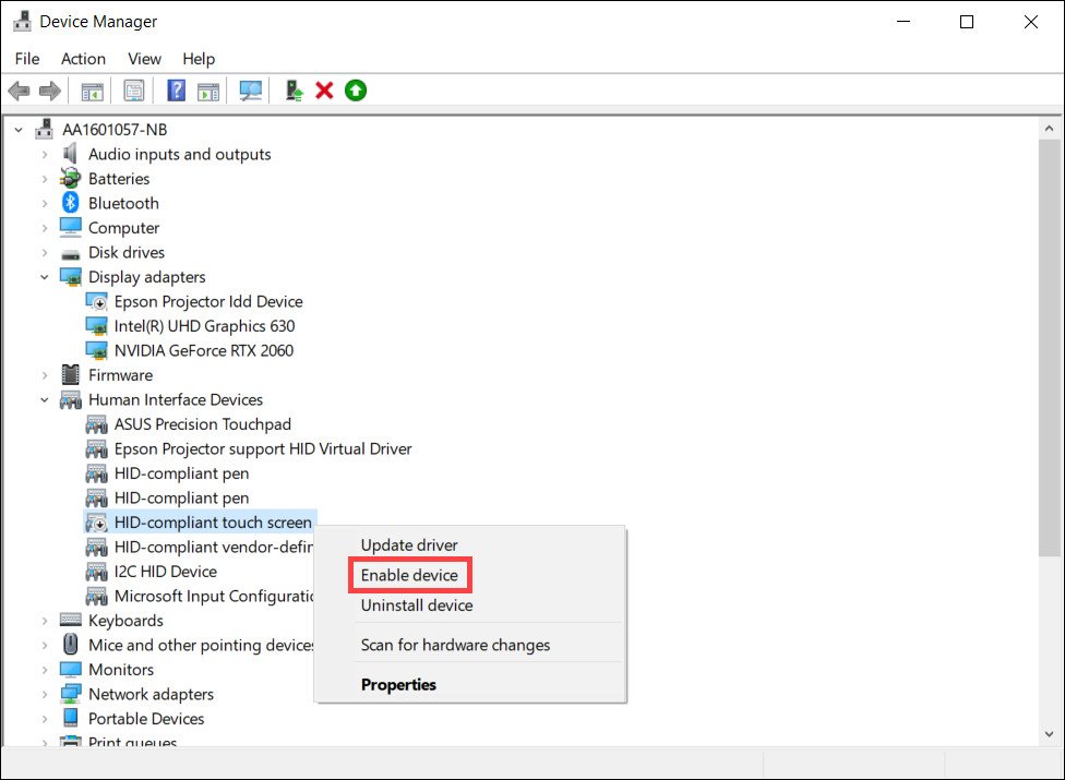 Tùy chọn kích hoạt lại HID-compliant touch screen để bật cảm ứng màn hình