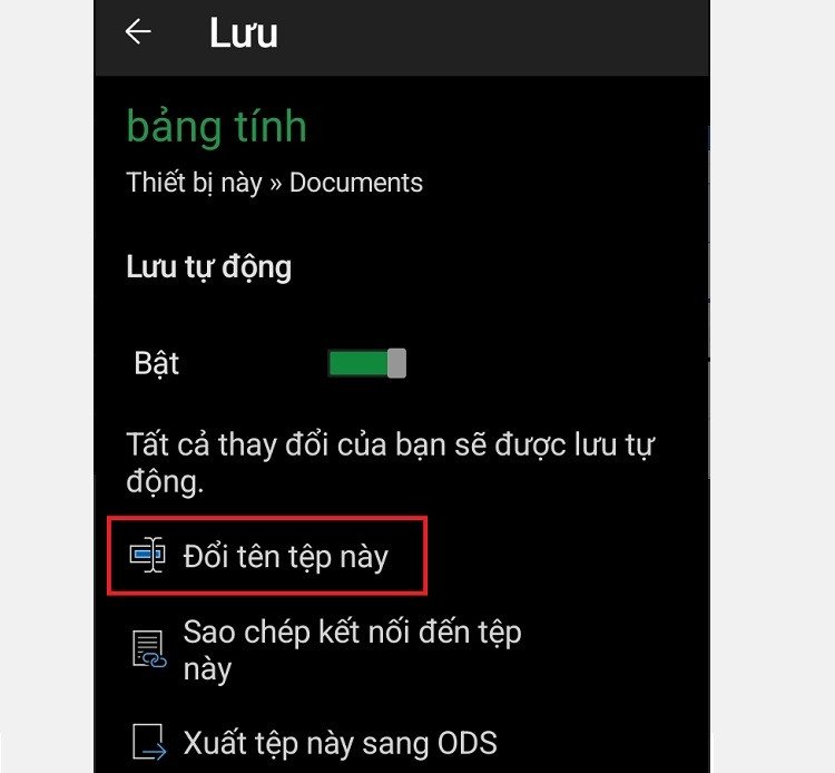 Tùy chọn Lưu như trên Excel di động để tạo bản sao