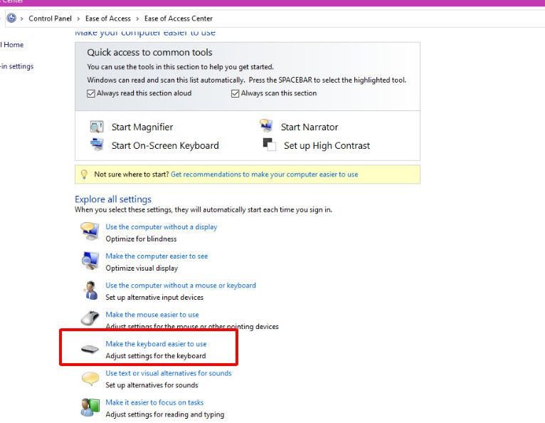 Tùy chọn Make the keyboard easier to use trong cài đặt bàn phím Dell