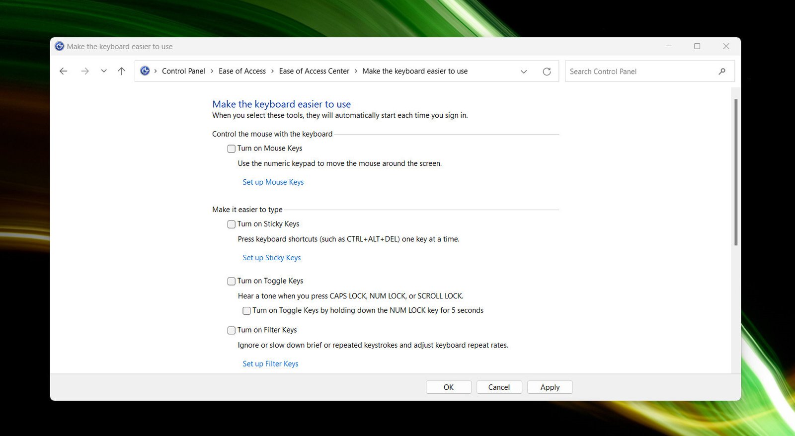 Tùy chọn Make the keyboard easier to use trong Control Panel, một bước quan trọng trong **cách mở bàn phím laptop**