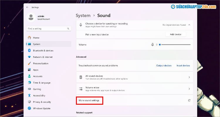 Tùy chọn More Sound Settings trong Windows, dẫn đến cài đặt âm thanh nâng cao cho tai nghe dây